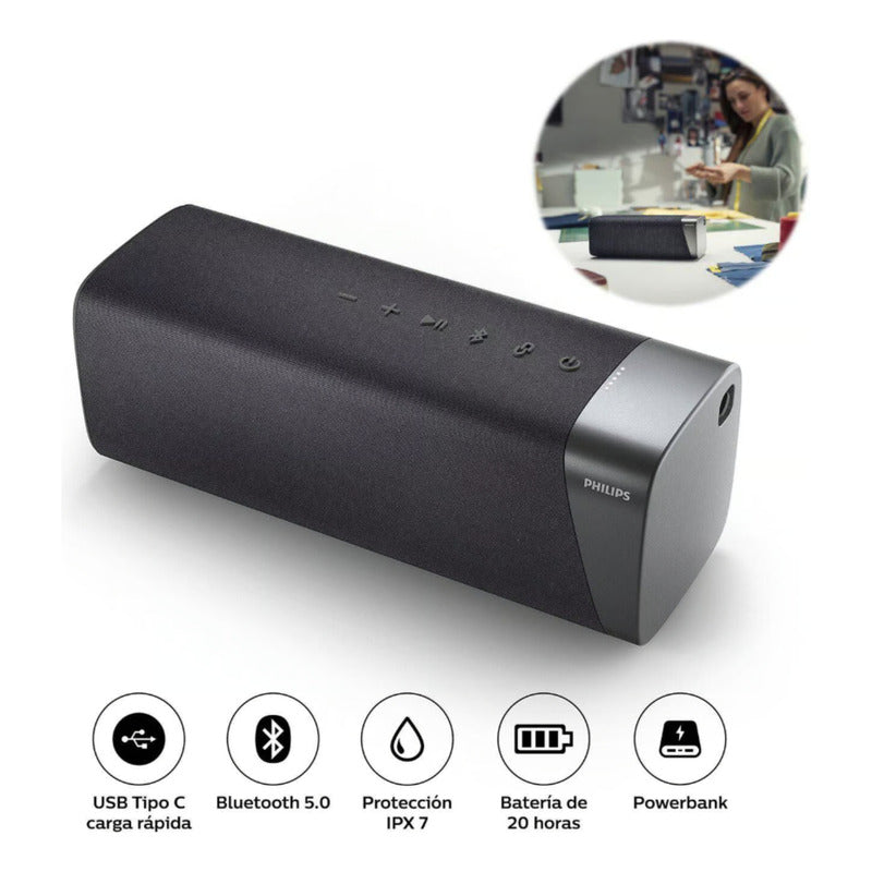 Kit Estéreo 2 Altavoces Bluetooth Philips TAS7505/00 Impermeables IPX7 con 60W RMS + Power Bank