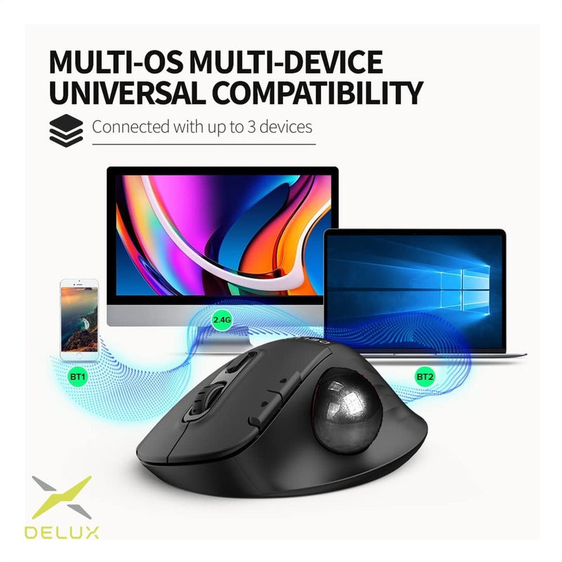 Mouse Ergo Trackball Delux Mt1 Db / Inalámbrico + Bluetooth Negro