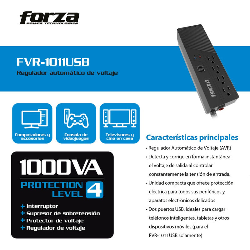 Regulador De Voltaje Forza 1000va/500w Con 4 Tomas + 2 Usb Negro