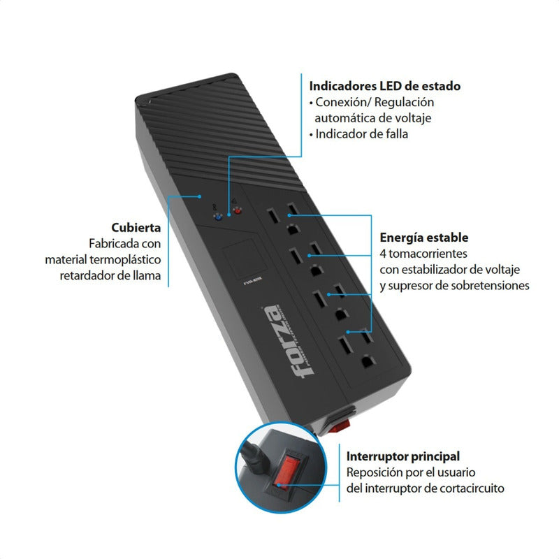 Regulador Voltaje Automático Forza 1000va/500w Con 4 Tomas Negro