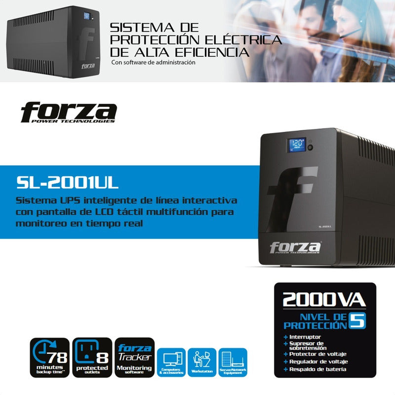 UPS Interactiva Forza SL-2001UL 2000VA/1200W Regulador Voltaje AVR Pantalla LCD Táctil Administración USB