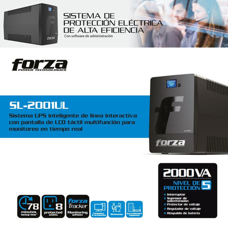 UPS Interactiva Forza SL-2001UL 2000VA/1200W Regulador Voltaje AVR Pantalla LCD Táctil Administración USB