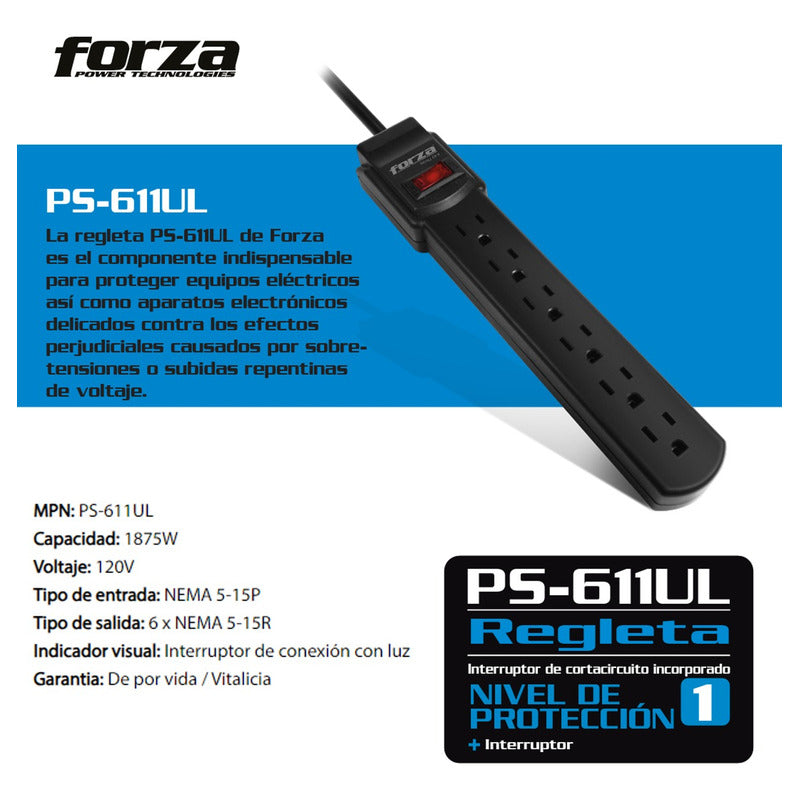 Multitoma Forza Ps-611ul, Extensión 90cm / 6 Tomas / 1875w