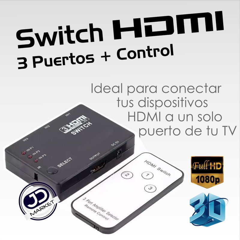Selector Switch De Puertos Hdmi Con 3 Entradas X 1 Salida