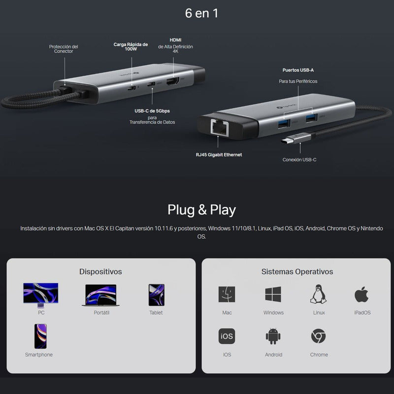 Hub USB-C 6en1 TP-Link UH6120C, HDMI 4K + RJ45 Gigabit + PD 100W + USB-C + 2 USB 3.0