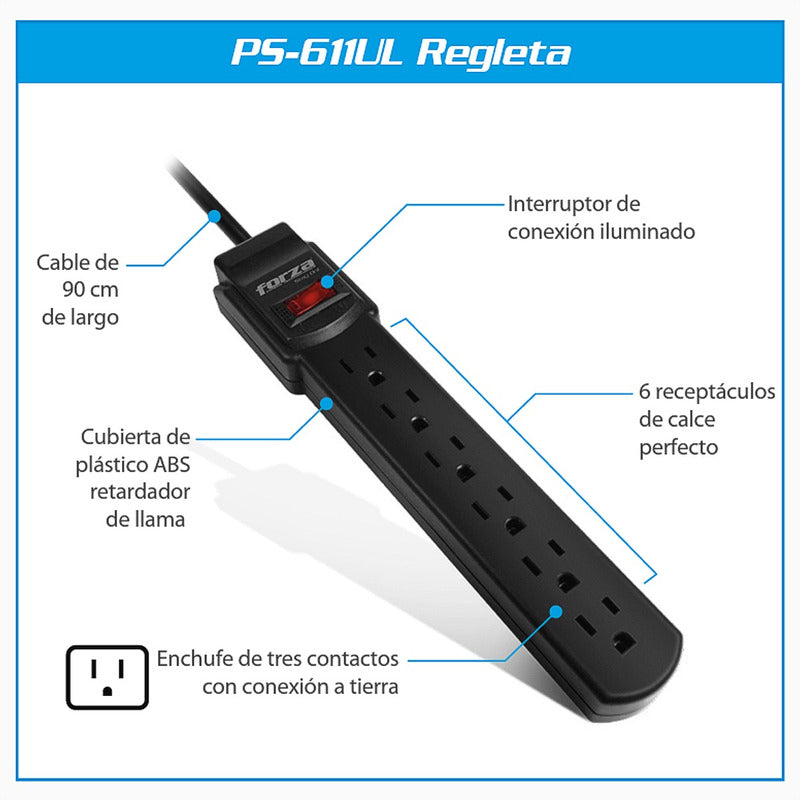 Multitoma Forza Ps-611ul, Extensión 90cm / 6 Tomas / 1875w