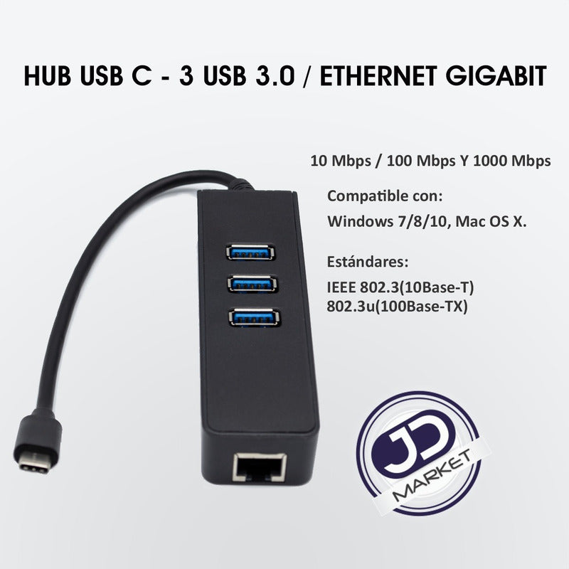 Hub USB Tipo C » 3 Puertos USB 3.0 + 1 Ethernet Rj45 Gigabit