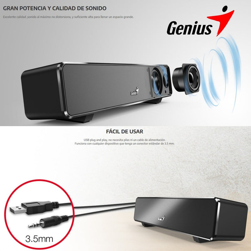 Genius Usb Soundbar 100, Mini Barra Sonido Efecto Inmersivo Negro