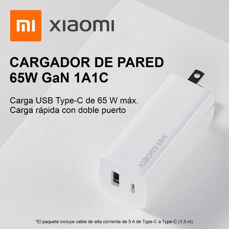 Cargador De Pared Xiaomi Puerto Dual Tipo A Y C 65w Gan 1a1c