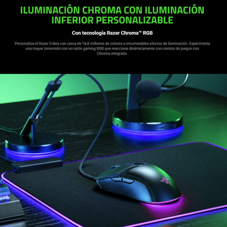 Mouse Gamer Razer Cobra Chroma RGB Ultraligero 58g 8500 DPI Switches Ópticos Gen-3 Cable Speedflex - Negro