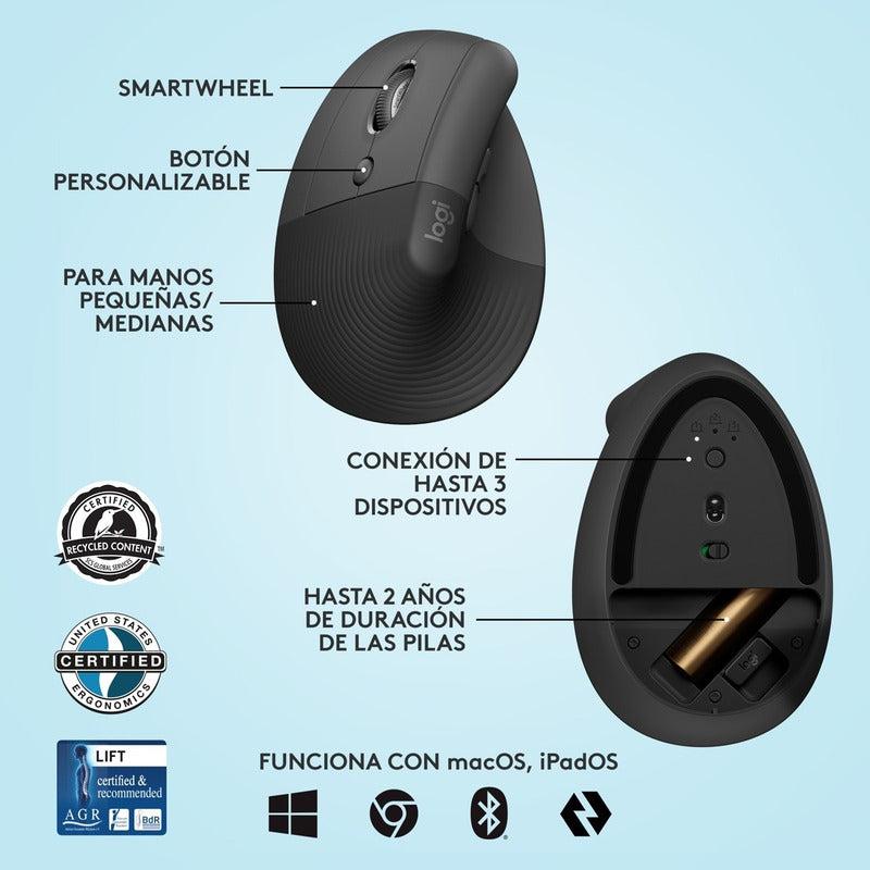 Mouse Ergonómico Vertical Logitech Lift Left, Inalámbrico para Manos Pequeñas y Medianas, Zurdo