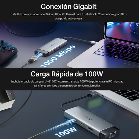 Hub USB-C 6en1 TP-Link UH6120C, HDMI 4K + RJ45 Gigabit + PD 100W + USB-C + 2 USB 3.0