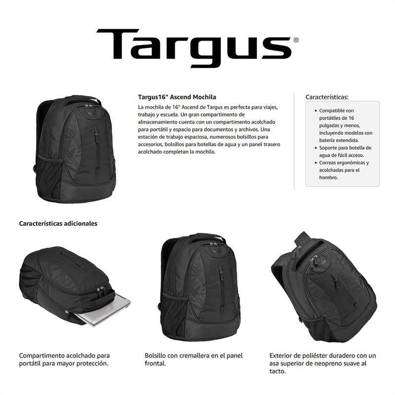 Morral Targus Ascend Backpack Tsb710 Negro Laptop Hasta 16''