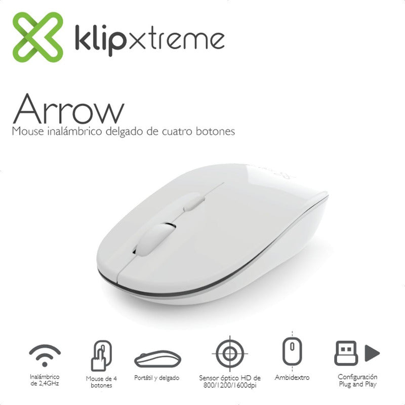 Mouse Inalámbrico Slim Klip Xtreme Kmw-335wh Arrow 4 Botones