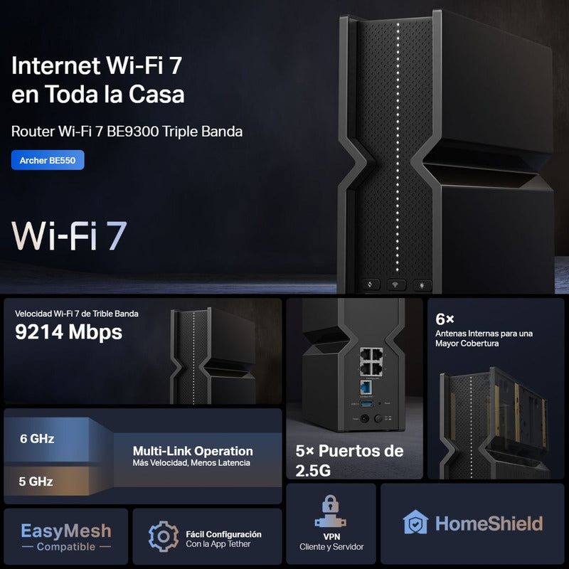 Router WiFi 7 BE9300 TP-Link Archer BE550 de Triple Banda a 9214Mbps con Puertos Multi-Gigabit