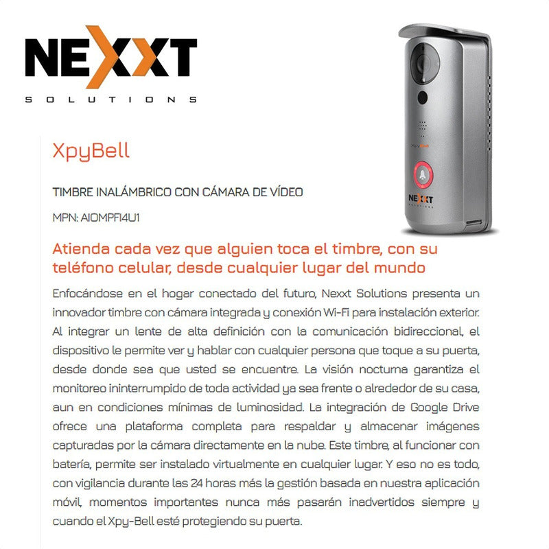 Timbre Inalámbrico Video Cámara Nexxt Xpy Bell, Audio Alarma