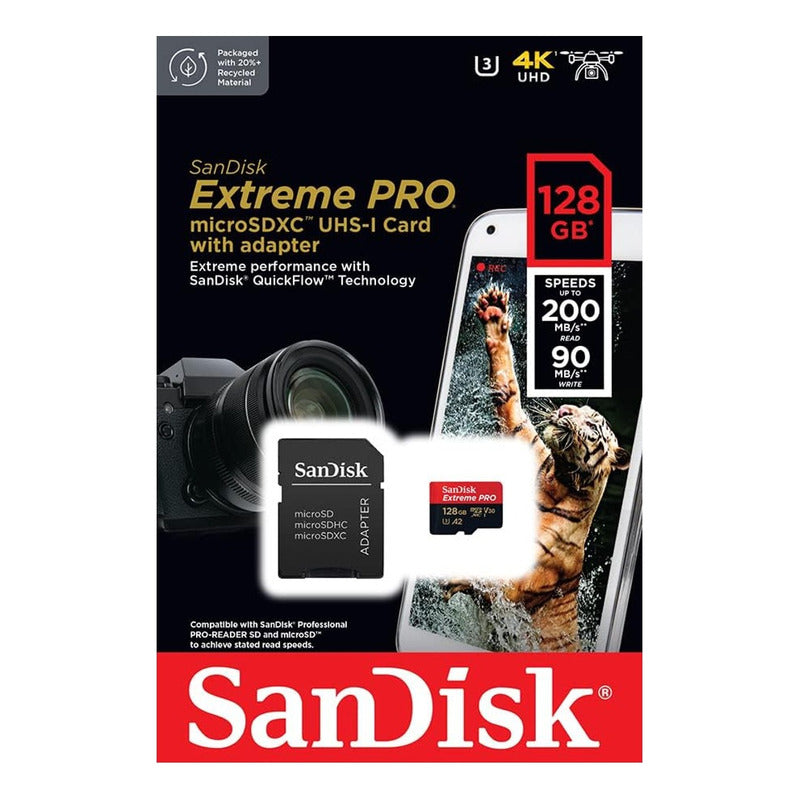 Tarjeta Micro SDXC 128GB SanDisk Extreme Pro, U3 4K, 200mb/s