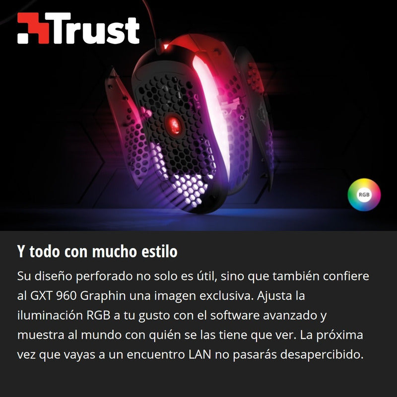 Mouse Gamer Trust Gxt 960 Graphin, 10000 Dpi, Rgb, 6 Botones