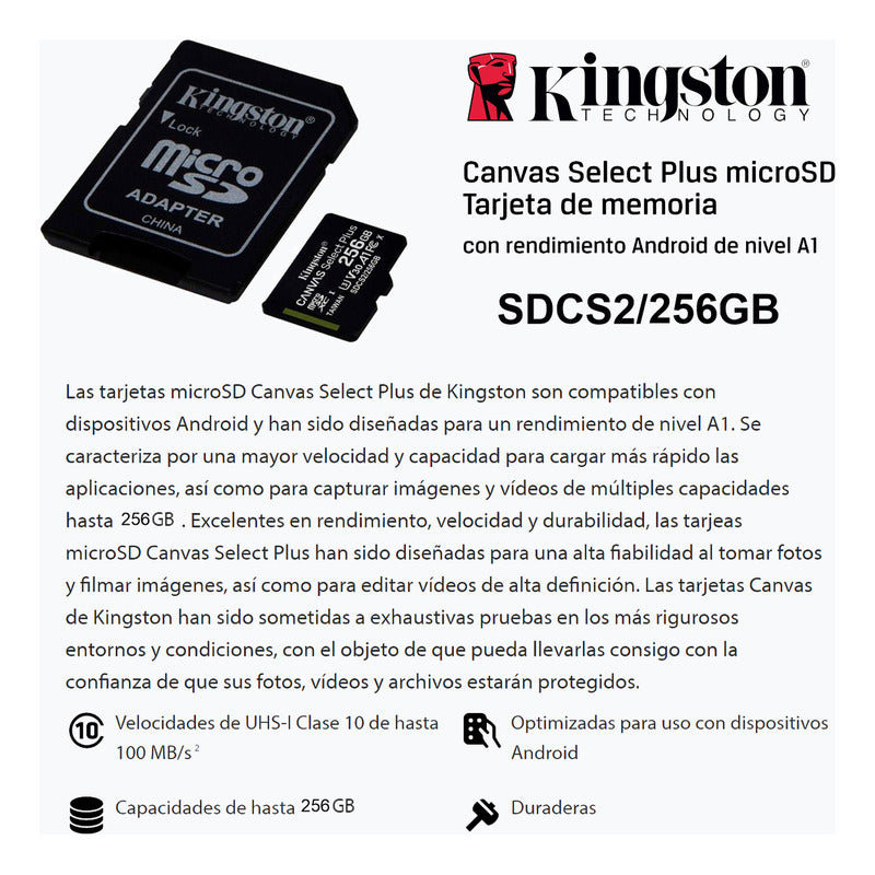 Memoria Micro SD Kingston 256GB Canvas Select Plus A1 C10 U3 V30 100MB/s con Adaptador SD - Original