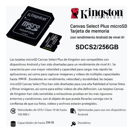 Tarjeta Micro Sdxc 256gb Kingston Canvas Select Plus 100mb/s