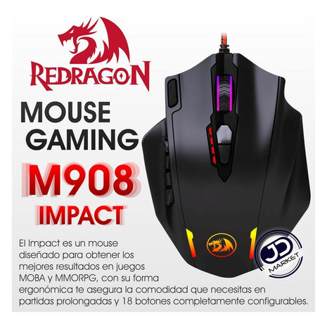 Mouse Gamer Redragon Impact M908 RGB Chroma 12400DPI 18 Botones Programables MMO MOBA Pesas Ajustables