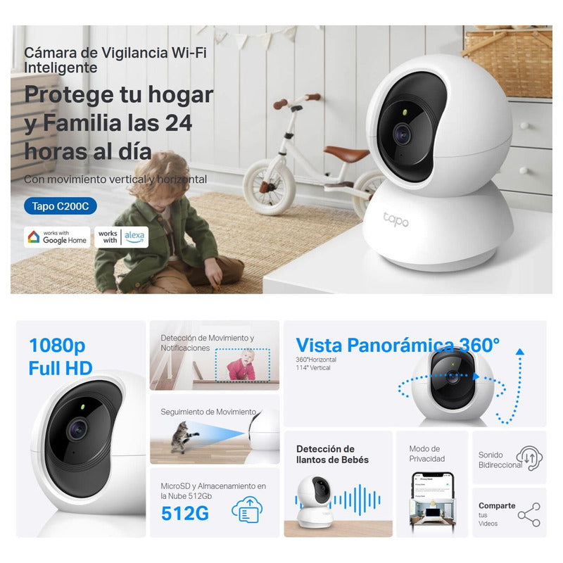 Cámara Wifi Robótica 360° Tp-link Tapo C200c, 1080p Ai Audio + MicroSD 64GB