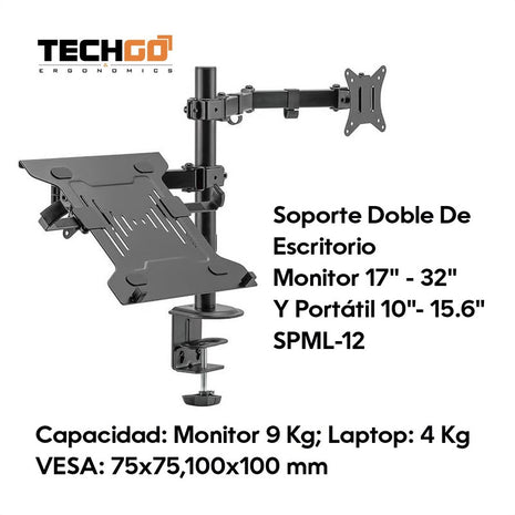 Base De Escritorio Para Monitor Y Portátil, Techgo Spml-12 Negro