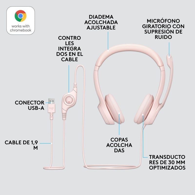 Diadema Usb Logitech H390, Mic Sin Ruido Y Controles, Rosado