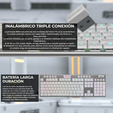 Teclado Gamer Inalámbrico Redragon K621w Rgb Horus Tkl, Red
