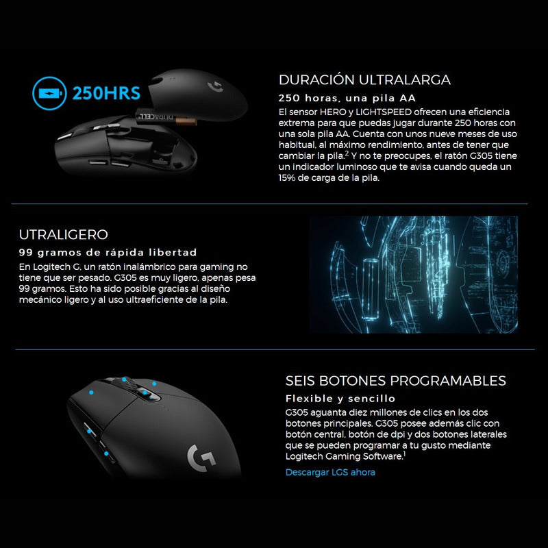 Mouse Gamer Inalámbrico Logitech G305 LIGHTSPEED Sensor HERO 12000 DPI 6 Botones Programables - Lila