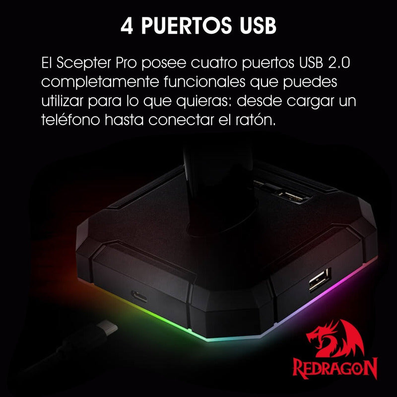 Hub 4 Usb + Base Auriculares Rgb Redragon Ha300 Scepter Pro