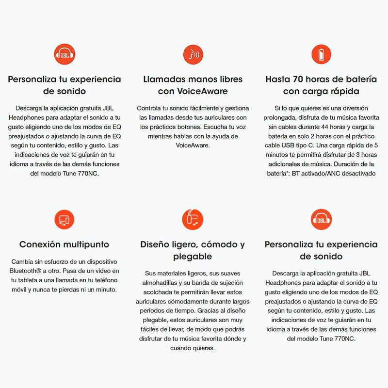 Audífonos Diadema JBL Tune 770NC Bluetooth 5.3 ANC Adaptativo Pure Bass Sound Batería 70 Horas - Azul