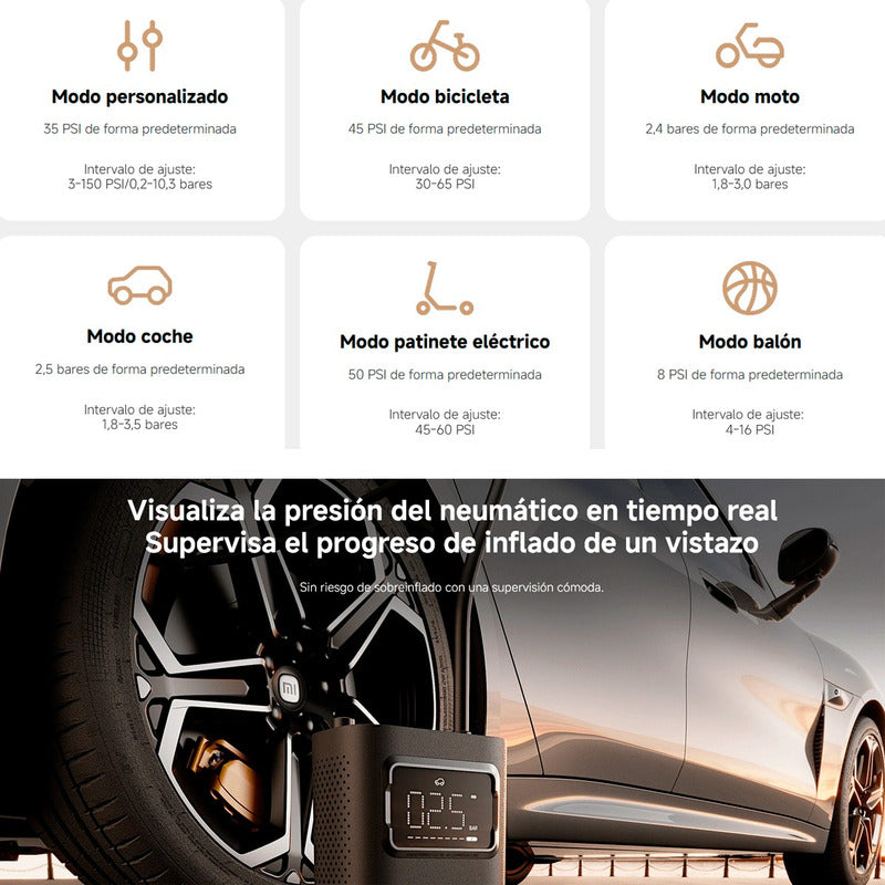 Inflador Xiaomi Portable Electric Air Compresor 2 Pro 150 PSI USB-C Luz SOS Carga Rápida Scooter Auto Moto