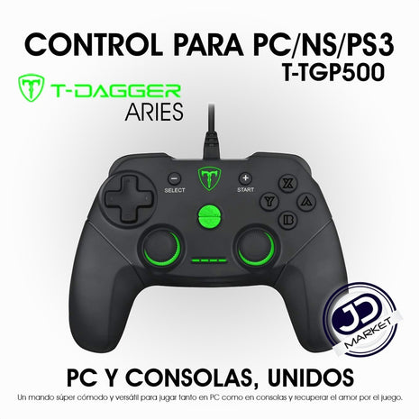 Control Gamepad USB T-Dagger Aries T-TGP500 para PC PS3 Nintendo Switch con Vibración