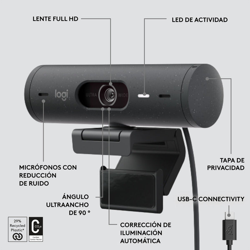 Cámara Web Full Hd Logitech Brio 500 / Rightlight 4 Con Hdr - Negro