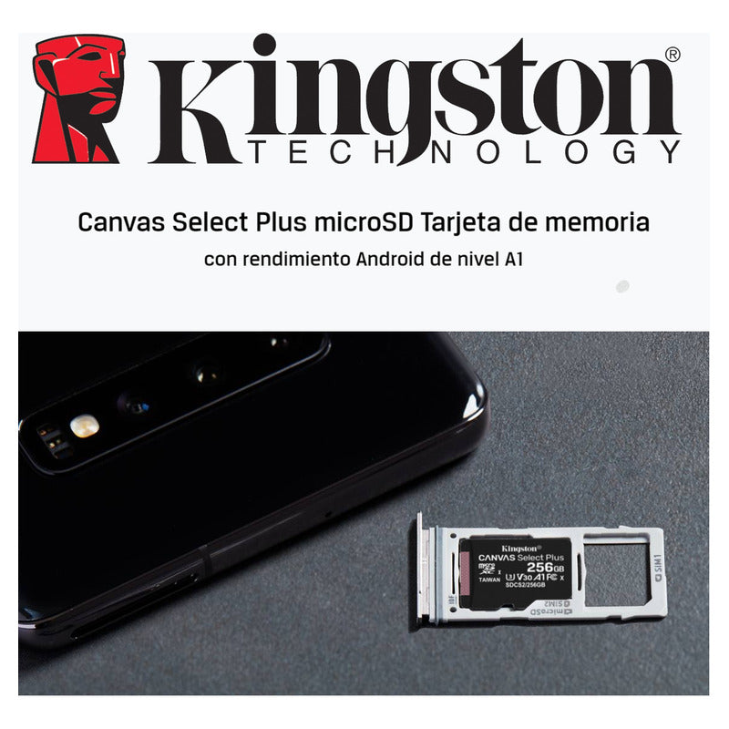 Memoria Micro SD Kingston 256GB Canvas Select Plus A1 C10 U3 V30 100MB/s con Adaptador SD - Original