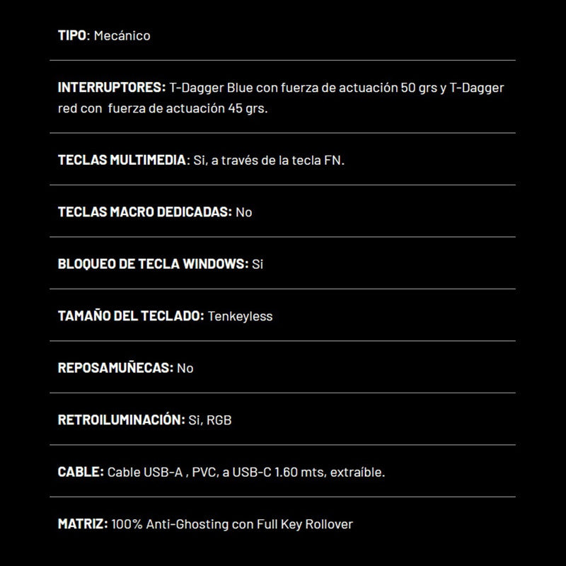 Teclado Gamer Mecánico Tkl T-dagger T-tgk315 Bora Rgb Negro Español