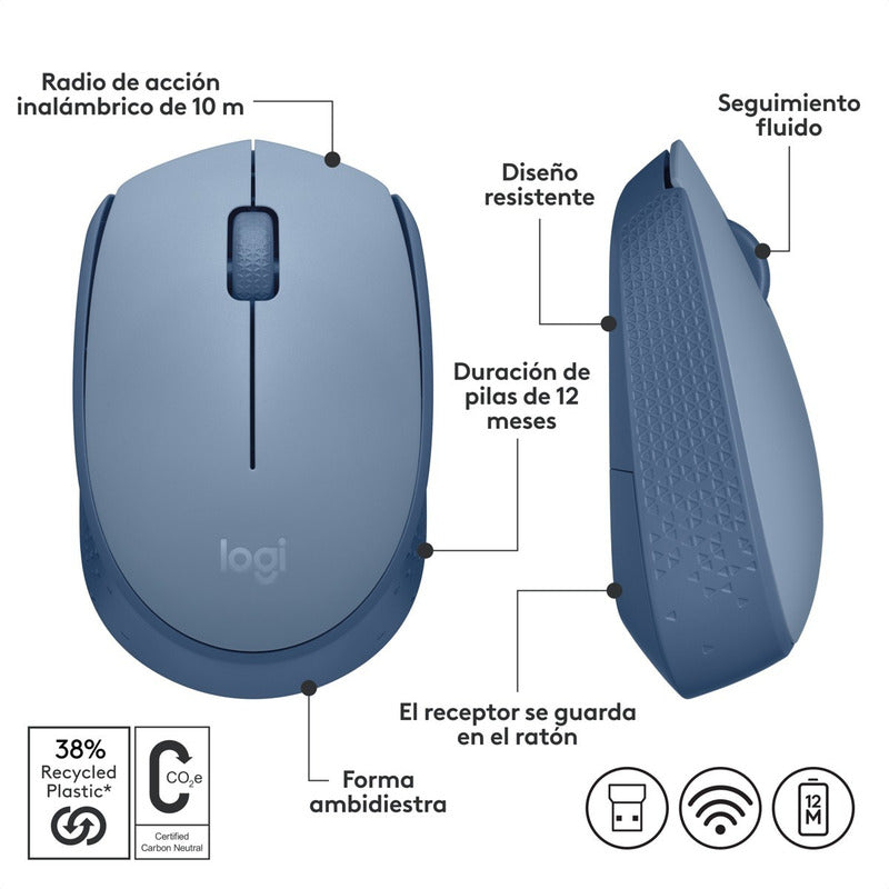 Mouse Inalámbrico Logitech M170 Receptor USB 2.4GHz Batería 12 Meses Diseño Portátil Ambidiestro - Gris Azulado