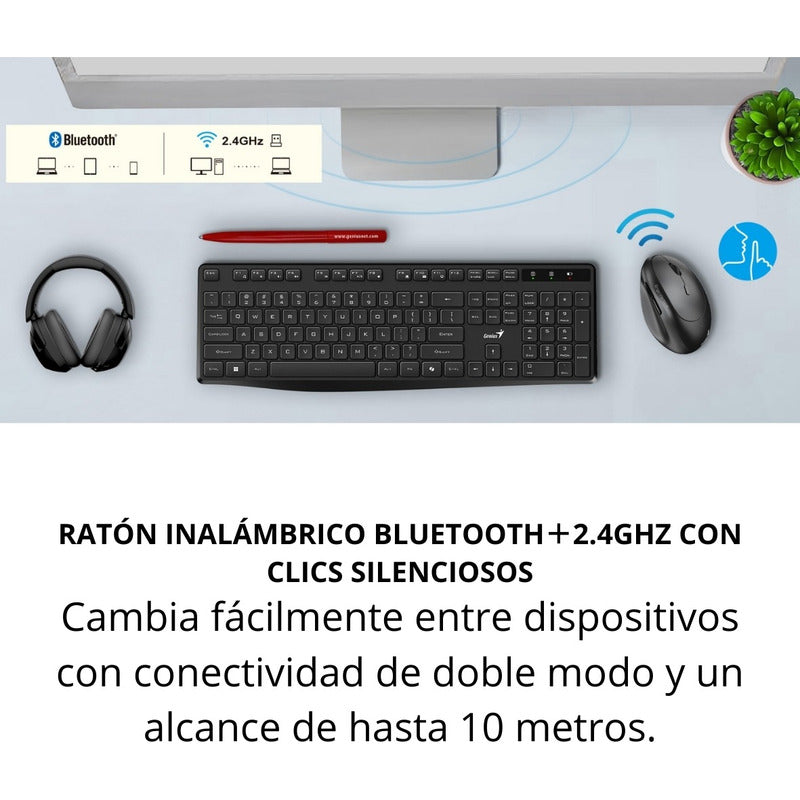 Mouse Vertical Inalámbrico Genius Ergo 8350s, 6 Botones, Blk