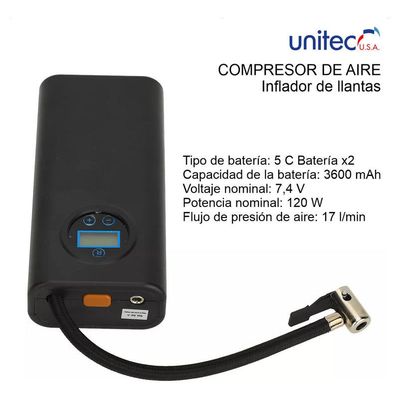 Unitec Compresor De Aire Portable Inflado Rápido 120w Negro 50 Hz/60 Hz Monofásica