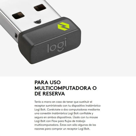 Adaptador USB Logitech Logi Bolt Inalámbrico Seguro Conexión Estable hasta 6 Dispositivos Windows/Mac