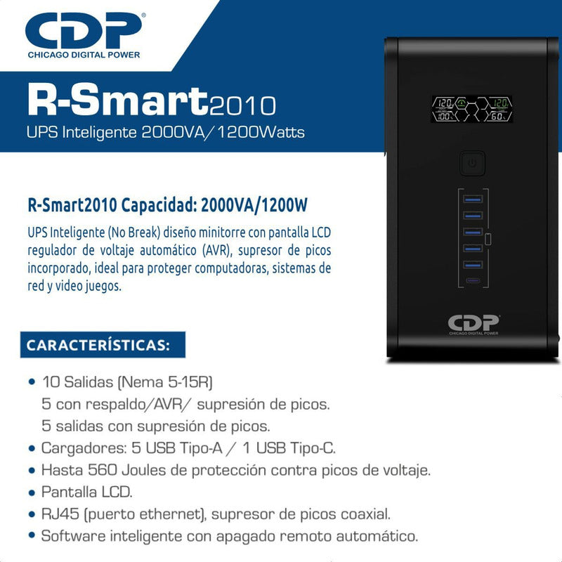 Ups Interactiva Cdp R-smart 2010 2000va, 10 Tomas 6 Usb, Lcd Negro
