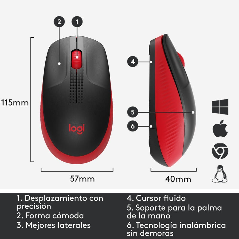 Mouse Inalámbrico Full-size Logitech M190, Confortable, Rojo