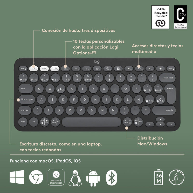 Combo Bluetooth Logitech Teclado K380s + Mouse M196, Grafito