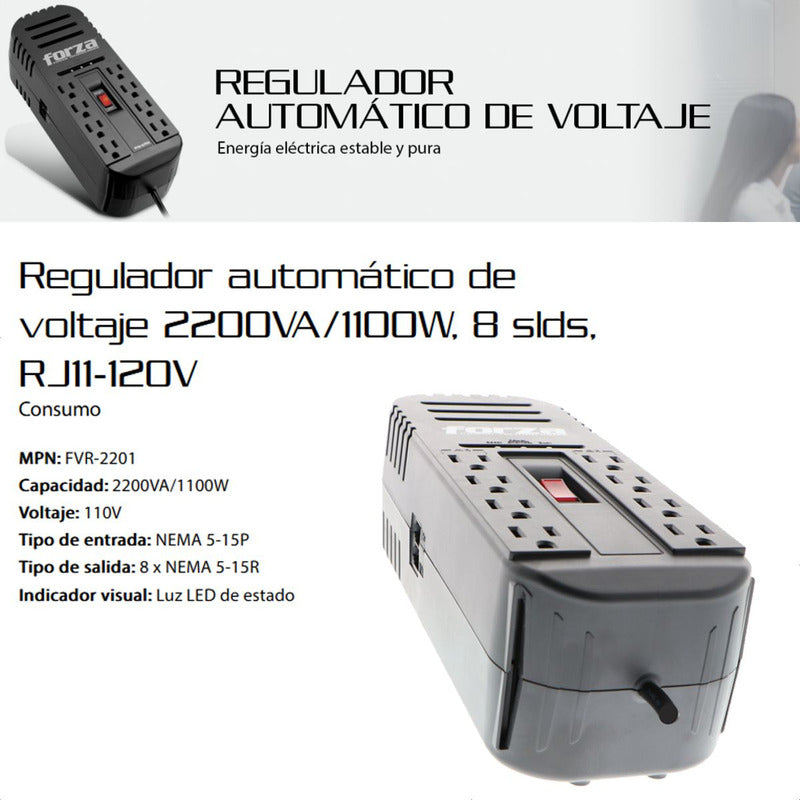 Regulador De Voltaje Forza Fvr-2201 De 2200va/1100w, 8 Tomas