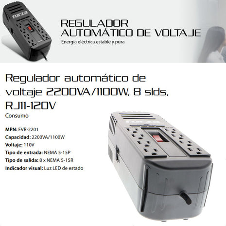 Regulador De Voltaje Forza Fvr-2201 De 2200va/1100w, 8 Tomas