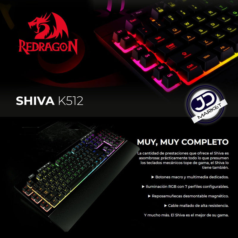 Teclado Gamer Redragon SHIVA K512RGB Iluminación RGB Full Size con Macros y Reposamuñecas