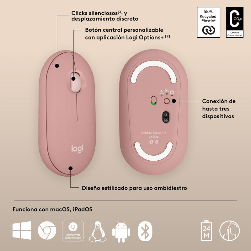 Combo Logitech Bluetooth: Teclado K380s + Mouse M350s, Rosa