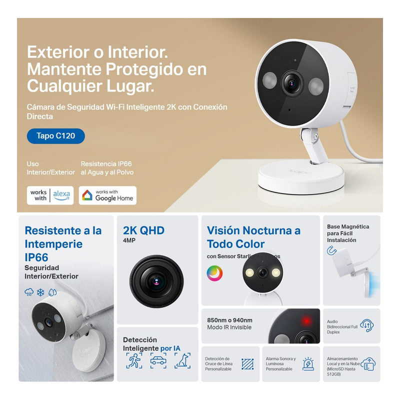 Cámara De Seguridad Wifi Tp-link Tapo C120, 2k Qhd, Ai Audio