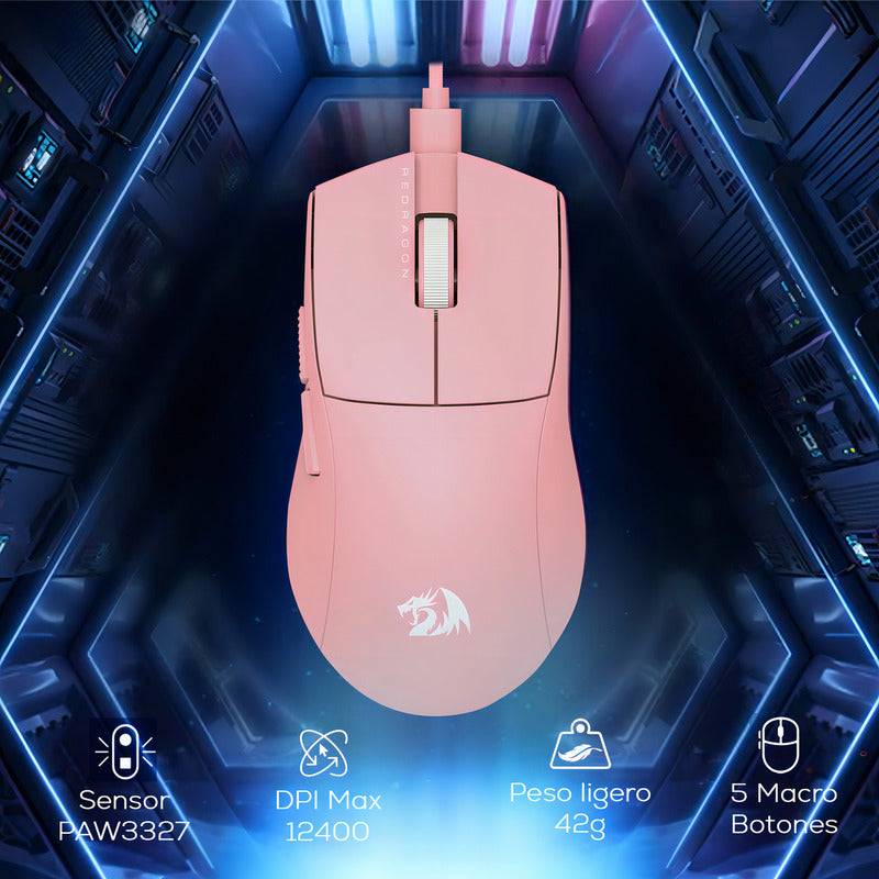 Mouse Gamer Redragon K1ng Rgb Rosa M724p-1k Alámbrico 12,400 Dpi Ultraligero, Polling 1000hz